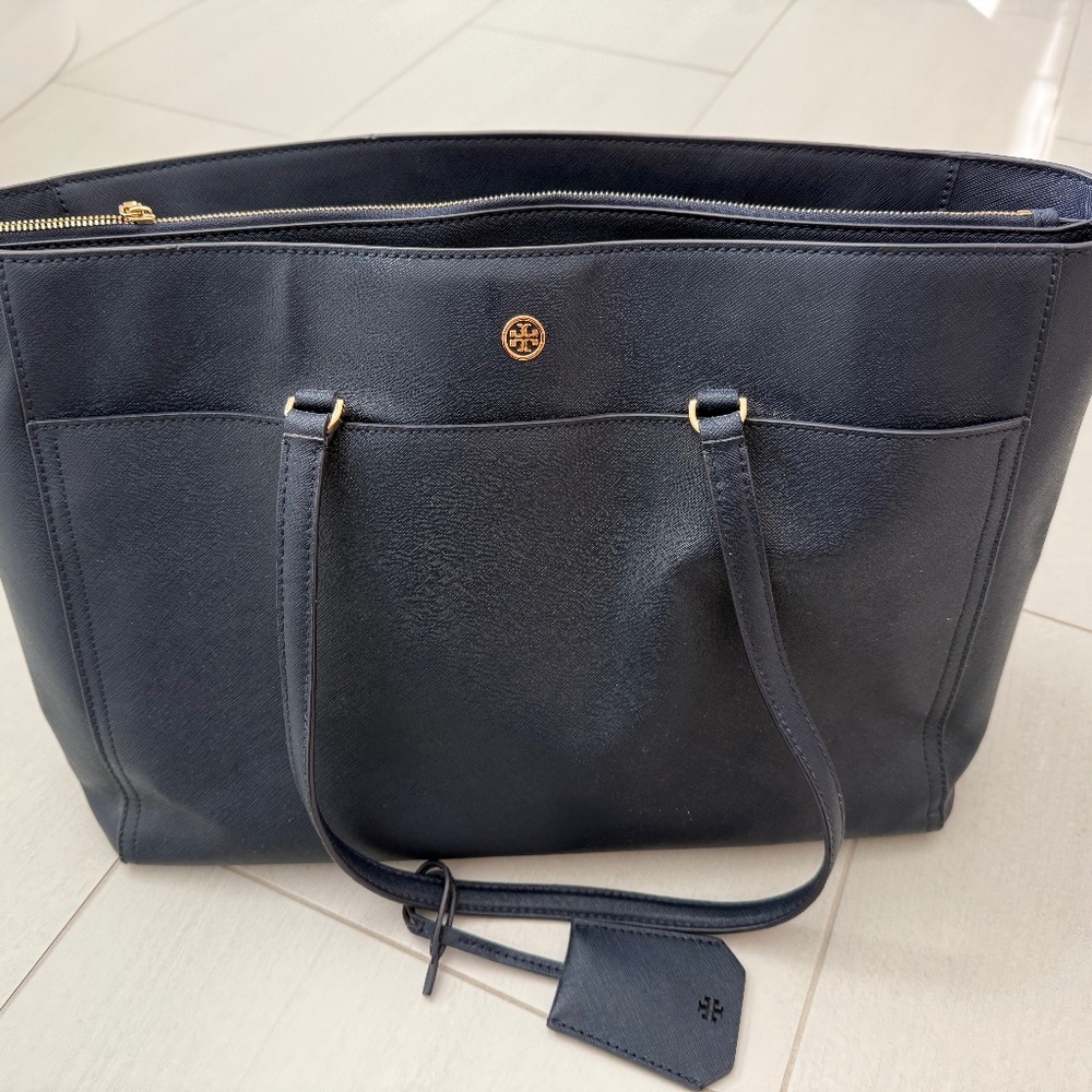 Tory Burch Navy Blue Saffiano Leather Tote Bag
